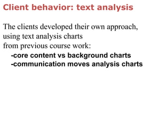 Client behavior: text analysis
The clients developed their own approach,
using text analysis charts
from previous course work:
-core content vs background charts
-communication moves analysis charts
 