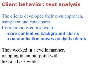 Client behavior: text analysis
The clients developed their own approach,
using text analysis charts
from previous course work:
-core content vs background charts
-communication moves analysis charts
They worked in a cyclic manner,
mapping in counterpoint with
text analysis work.
 