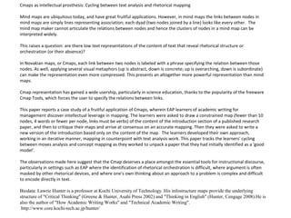 Cmaps as intellectual prosthesis: Cycling between text analysis and rhetorical mapping
Mind maps are ubiquitous today, and have great fruitful applications. However, in mind maps the links between nodes in
mind maps are simply lines representing association; each dyad (two nodes joined by a line) looks like every other. The
mind map maker cannot articulate the relations between nodes and hence the clusters of nodes in a mind map can be
interpreted widely.
This raises a question: are there low text representations of the content of text that reveal rhetorical structure or
orchestration (or their absence)?
In Novakian maps, or Cmaps, each link between two nodes is labeled with a phrase specifying the relation between those
nodes. As well, applying several visual metaphors (up is abstract, down is concrete; up is overarching, down is subordinate)
can make the representation even more compressed. This presents an altogether more powerful representation than mind
maps.
Cmap representation has gained a wide usership, particularly in science education, thanks to the popularity of the freeware
Cmap Tools, which forces the user to specify the relations between links.
This paper reports a case study of a fruitful application of Cmaps, wherein EAP learners of academic writing for
management discover intellectual leverage in mapping. The learners were asked to draw a constrained map (fewer than 10
nodes, 4 words or fewer per node, links must be verbs) of the content of the introduction section of a published research
paper, and then to critique their maps and arrive at consensus on an accurate mapping. Then they were asked to write a
new version of the introduction based only on the content of the map. The learners developed their own approach,
working in an iterative manner, mapping in counterpoint with text analysis work. This paper tracks the learners' cycling
between moves analysis and concept mapping as they worked to unpack a paper that they had initially identified as a 'good
model'.
The observations made here suggest that the Cmap deserves a place amongst the essential tools for instructional discourse,
particularly in settings such as EAP where the identification of rhetorical orchestration is difficult, where argument is often
masked by other rhetorical devices, and where one's own thinking about an approach to a problem is complex and difficult
to encode directly in text.
Biodata: Lawrie Hunter is a professor at Kochi University of Technology. His infostructure maps provide the underlying
structure of "Critical Thinking" (Greene & Hunter, Asahi Press 2002) and "Thinking in English" (Hunter, Cengage 2008).He is
also the author of "How Academic Writing Works" and "Technical Academic Writing".
http://www.core.kochi-tech.ac.jp/hunter/
 