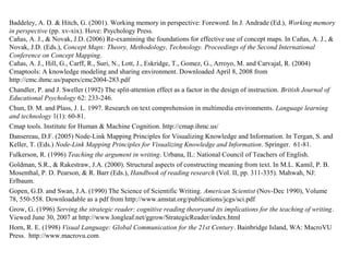 Baddeley, A. D. & Hitch, G. (2001). Working memory in perspective: Foreword. In J. Andrade (Ed.), Working memory
in perspective (pp. xv-xix). Hove: Psychology Press.
Cañas, A. J., & Novak, J.D. (2006) Re-examining the foundations for effective use of concept maps. In Cañas, A. J., &
Novak, J.D. (Eds.), Concept Maps: Theory, Methodology, Technology. Proceedings of the Second International
Conference on Concept Mapping.
Cañas, A. J., Hill, G., Carff, R., Suri, N., Lott, J., Eskridge, T., Gomez, G., Arroyo, M. and Carvajal, R. (2004)
Cmaptools: A knowledge modeling and sharing environment. Downloaded April 8, 2008 from
http://cmc.ihmc.us/papers/cmc2004-283.pdf
Chandler, P. and J. Sweller (1992) The split-attention effect as a factor in the design of instruction. British Journal of
Educational Psychology 62: 233-246.
Chun, D. M. and Plass, J. L. 1997. Research on text comprehension in multimedia environments. Language learning
and technology 1(1): 60-81.
Cmap tools. Institute for Human & Machine Cognition. http://cmap.ihmc.us/
Dansereau, D.F. (2005) Node-Link Mapping Principles for Visualizing Knowledge and Information. In Tergan, S. and
Keller, T. (Eds.) Node-Link Mapping Principles for Visualizing Knowledge and Information. Springer. 61-81.
Fulkerson, R. (1996) Teaching the argument in writing. Urbana, IL: National Council of Teachers of English.
Goldman, S.R., & Rakestraw, J.A. (2000). Structural aspects of constructing meaning from text. In M.L. Kamil, P. B.
Mosenthal, P. D. Pearson, & R. Barr (Eds.), Handbook of reading research (Vol. II, pp. 311-335). Mahwah, NJ:
Erlbaum.
Gopen, G.D. and Swan, J.A. (1990) The Science of Scientific Writing. American Scientist (Nov-Dec 1990), Volume
78, 550-558. Downloadable as a pdf from http://www.amstat.org/publications/jcgs/sci.pdf
Grow, G. (1996) Serving the strategic reader: cognitive reading theoryand its implications for the teaching of writing.
Viewed June 30, 2007 at http://www.longleaf.net/ggrow/StrategicReader/index.html
Horn, R. E. (1998) Visual Language: Global Communication for the 21st Century. Bainbridge Island, WA: MacroVU
Press. http://www.macrovu.com
 