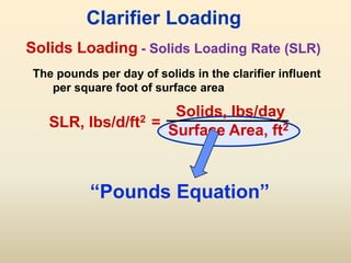 Solids Loading
SLR, lbs/d/ft2 =
Solids, lbs/day
Surface Area, ft2
Clarifier Loading
The pounds per day of solids in the clarifier influent
per square foot of surface area
“Pounds Equation”
- Solids Loading Rate (SLR)
 