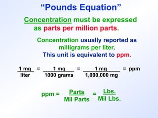 Concentration must be expressed
as parts per million parts.
Concentration usually reported as
milligrams per liter.
This unit is equivalent to ppm.
1 mg = 1 mg = 1 mg = ppm
liter 1000 grams 1,000,000 mg
ppm = Parts
Mil Parts
= Lbs.
Mil Lbs.
“Pounds Equation”
 
