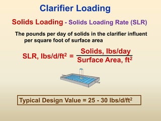 Solids Loading
SLR, lbs/d/ft2 =
Solids, lbs/day
Surface Area, ft2
Clarifier Loading
The pounds per day of solids in the clarifier influent
per square foot of surface area
- Solids Loading Rate (SLR)
Typical Design Value = 25 - 30 lbs/d/ft2
 