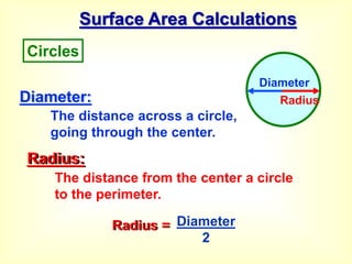 Circles
Diameter
Radius = Diameter
2
Surface Area Calculations
Diameter:
The distance across a circle,
going through the center.
Radius:
The distance from the center a circle
to the perimeter.
Radius
 