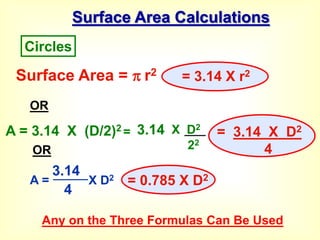 Surface Area Calculations
Surface Area =  r2
A = 3.14 X (D/2)2
= 3.14 X D2
4
= 0.785 X D2
= 3.14 X r2
A =
3.14
4
X D2
= 3.14 X D2
22
Circles
OR
OR
Any on the Three Formulas Can Be Used
 