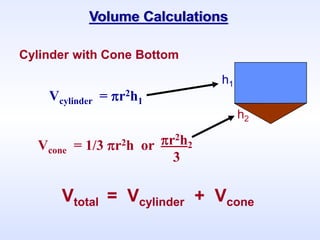 Cylinder with Cone Bottom
Vcylinder = r2h1
Vcone = 1/3 r2h or r2h2
3
h1
h2
Vtotal = Vcylinder + Vcone
Volume Calculations
 