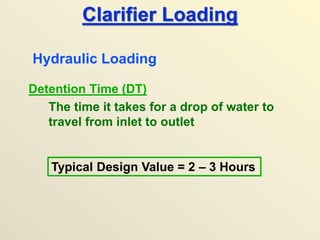 Clarifier Loading
Detention Time (DT)
The time it takes for a drop of water to
travel from inlet to outlet
Hydraulic Loading
Typical Design Value = 2 – 3 Hours
 