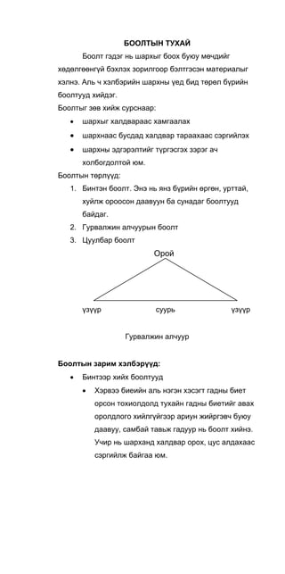 БООЛТЫН ТУХАЙ
Боолт гэдэг нь шархыг боох буюу мөчдийг
хөдөлгөөнгүй бэхлэх зорилгоор бэлтгэсэн материалыг
хэлнэ. Аль ч хэлбэрийн шархны үед бид төрөл бүрийн
боолтууд хийдэг.
Боолтыг зөв хийж сурснаар:
• шархыг халдвараас хамгаалах
• шархнаас бусдад халдвар тараахаас сэргийлэх
• шархны эдгэрэлтийг түргэсгэх зэрэг ач
холбогдолтой юм.
Боолтын төрлүүд:
1. Бинтэн боолт. Энэ нь янз бүрийн өргөн, урттай,
хуйлж ороосон даавуун ба сунадаг боолтууд
байдаг.
2. Гурвалжин алчуурын боолт
3. Цуулбар боолт
Орой
үзүүр суурь үзүүр
Гурвалжин алчуур
Боолтын зарим хэлбэрүүд:
• Бинтээр хийх боолтууд
• Хэрвээ биеийн аль нэгэн хэсэгт гадны биет
орсон тохиолдолд тухайн гадны биетийг авах
оролдлого хийлгүйгээр ариун жийргэвч буюу
даавуу, самбай тавьж гадуур нь боолт хийнэ.
Учир нь шарханд халдвар орох, цус алдахаас
сэргийлж байгаа юм.
 