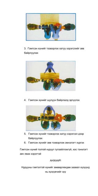 3. Гэмтсэн хүнийг тээвэрлэх хатуу хэрэгслийг зөв
байрлуулах
4. Гэмтсэн хүнийг шулуун байрлалд эргүүлэх
5. Гэмтсэн хүнийг тээвэрлэх хатуу хэрэгсэл дээр
байрлуулах
6. Гэмтсэн хүнийг зөв тээвэрлэж эмнэлэгт хүргэх
Гэмтсэн хүний толгой нурууг гулзайлгахгүй, хос тэнхлэгт
авч явах хэрэгтэй
АНХААР!
Нурууны гэмтэлтэй хүнийг зөөвөрлөхдөө заавал хүзүүнд
нь хүзүүвчийг зүү
 