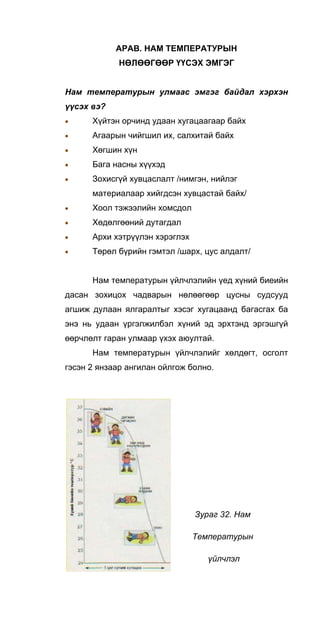 APAB. HAM ТЕМПЕРАТУРЫН
НӨЛӨӨГӨӨР ҮҮСЭХ ЭМГЭГ
Нам температурын улмаас эмгэг байдал хэрхэн
үүсэх вэ?
• Хүйтэн орчинд удаан хугацаагаар байх
• Агаарын чийгшил их, салхитай байх
• Хөгшин хүн
• Бага насны хүүхэд
• Зохисгүй хувцаслалт /нимгэн, нийлэг
материалаар хийгдсэн хувцастай байх/
• Хоол тэжээлийн хомсдол
• Хөдөлгөөний дутагдал
• Архи хэтрүүлэн хэрэглэх
• Төрөл бүрийн гэмтэл /шарх, цус алдалт/
Нам температурын үйлчлэлийн үед хүний биеийн
дасан зохицох чадварын нөлөөгөөр цусны судсууд
агшиж дулаан ялгаралтыг хэсэг хугацаанд багасгах ба
энэ нь удаан үргэлжилбэл хүний эд эрхтэнд эргэшгүй
өөрчлөлт гаран улмаар үхэх аюултай.
Нам температурын үйлчлэлийг хөлдөгт, осголт
гэсэн 2 янзаар ангилан ойлгож болно.
Зураг 32. Нам
Температурын
үйлчлэл
 