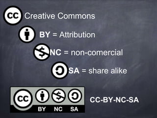Creative Commons
CC-BY-NC-SA
BY = Attribution
NC = non-comercial
SA = share alike
 