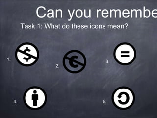 4. 5.
3.
2.
1.
Task 1: What do these icons mean?
Can you remembe
 
