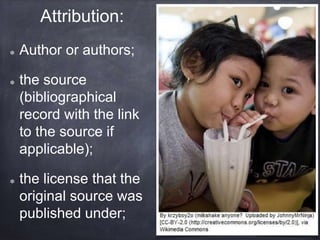 Attribution:
Author or authors;
the source
(bibliographical
record with the link
to the source if
applicable);
the license that the
original source was
published under;
 