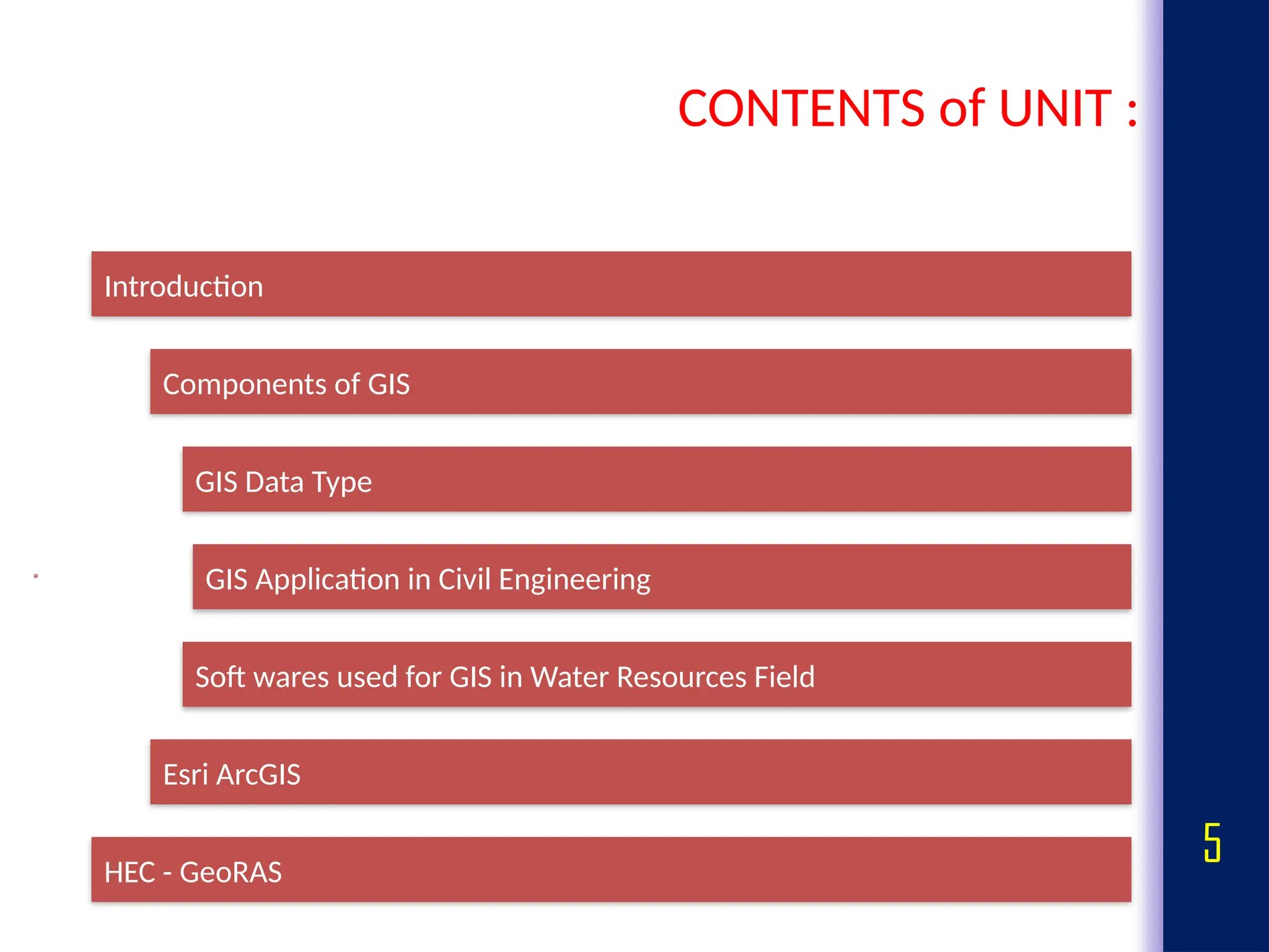 5
CONTENTS of UNIT :
Introduction
Components of GIS
GIS Data Type
GIS Application in Civil Engineering
Soft wares used for GIS in Water Resources Field
Esri ArcGIS
HEC - GeoRAS
 