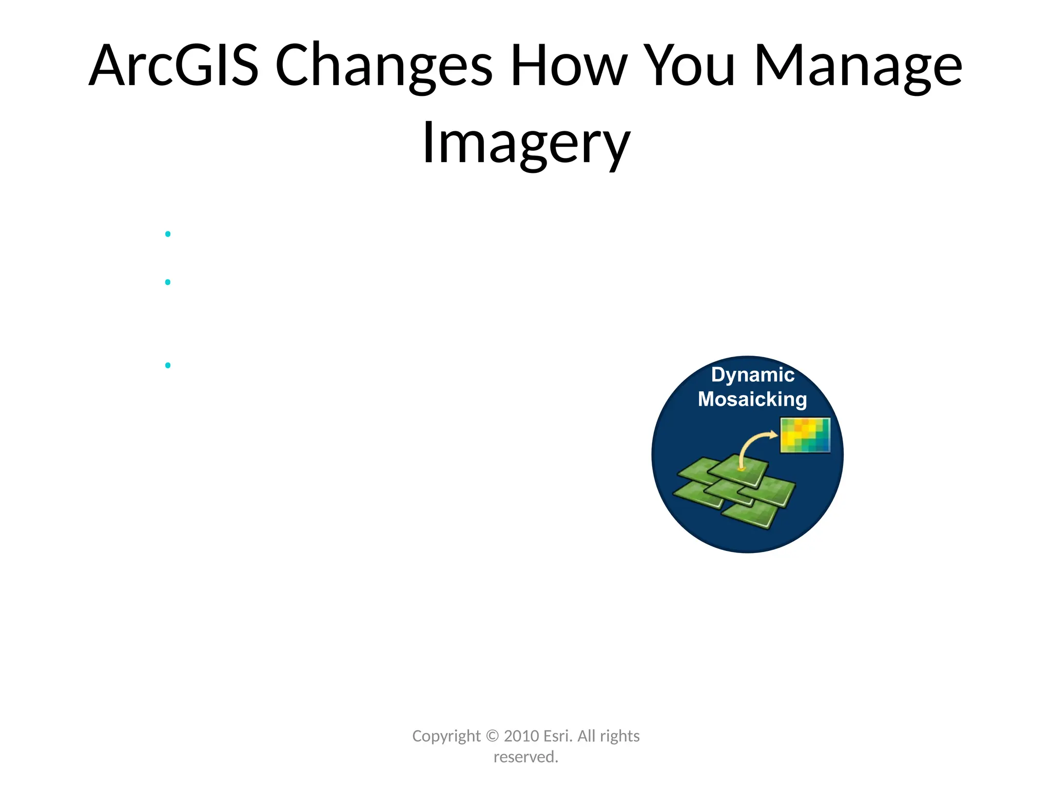 ArcGIS Changes How You Manage
Imagery
• Enabling easier updates
• Supports multiple collections
(resolutions, scales, formats,
etc.)
• Time aware Dynamic
Mosaicking
Copyright © 2010 Esri. All rights
reserved.
 