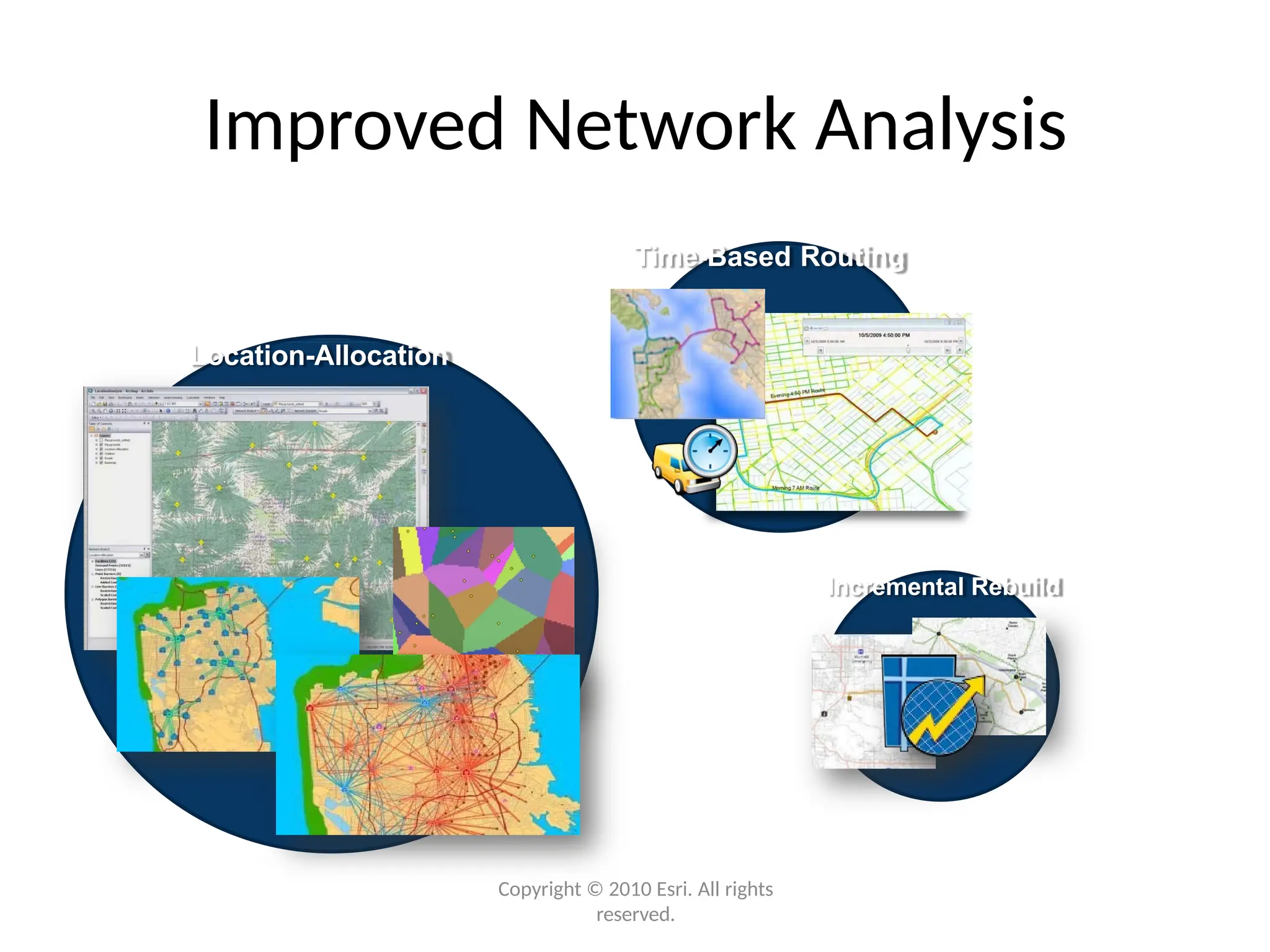 Improved Network Analysis
Location-Allocation
Time-Based Routing
Incremental Rebuild
Copyright © 2010 Esri. All rights
reserved.
 