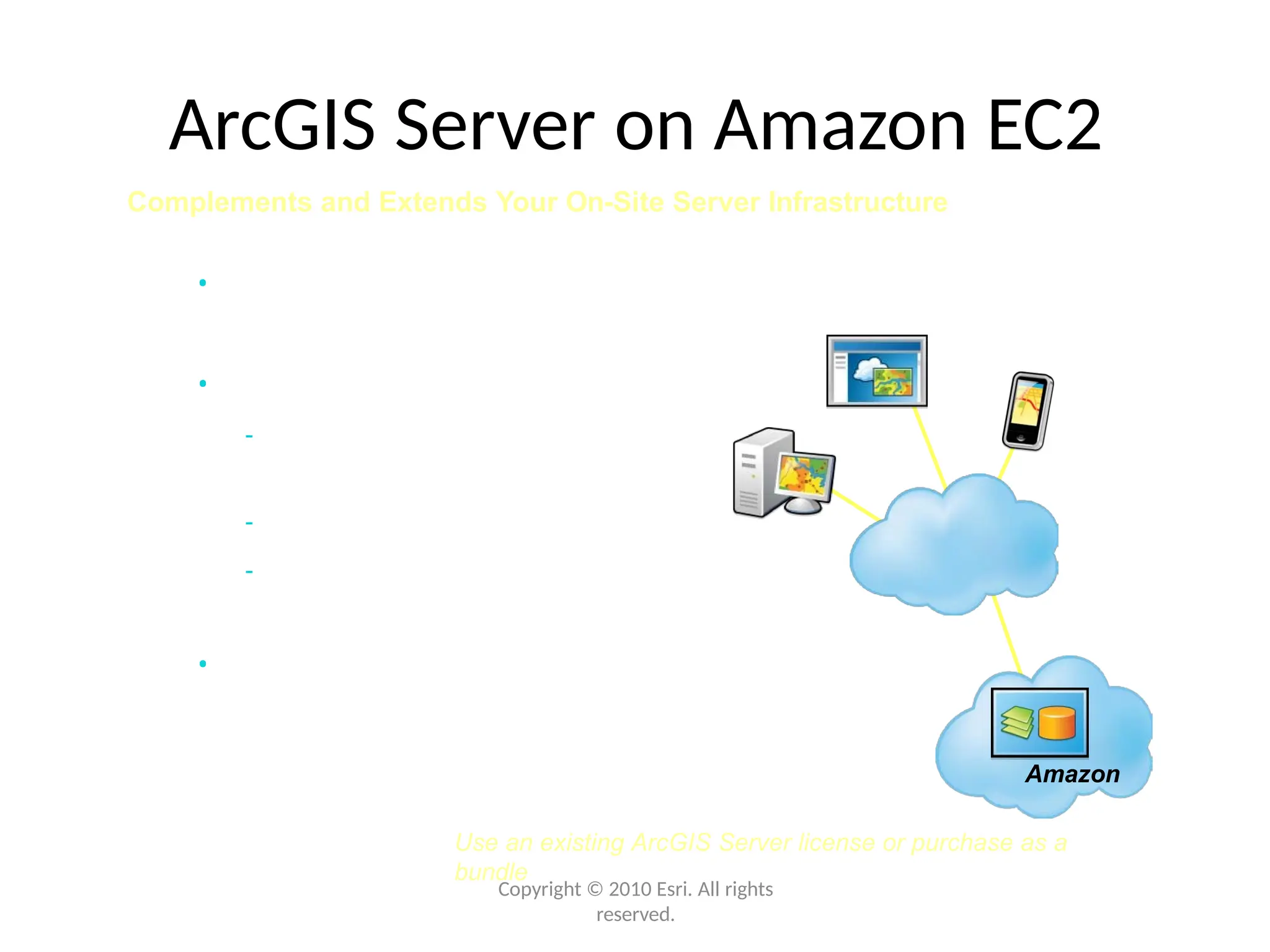 Web Clients
Mobile
Desktop
Use an existing ArcGIS Server license or purchase as a
bundle
Copyright © 2010 Esri. All rights
reserved.
ArcGIS Server on Amazon EC2
Complements and Extends Your On-Site Server Infrastructure
• Reduces complexity of
deployment
• Ideal for
- Compute-intensive
situations
- Public Web sites
- Development and staging
environments
• Packaged with Amazon
EC2
Amazon
 