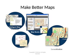 Make Better Maps
Intelligent Map
Elements
1:9,000
Generalization
1:18,000
Generate
Schematics
Map Books
Copyright © 2010 Esri. All rights
reserved.
 
