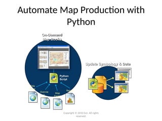 Automate Map Production with
Python
Update Symbology & Data
On-Demand
Map Books
Overvie
w
Map
Report
Title
Page
Map
Pages
Python
Script
Copyright © 2010 Esri. All rights
reserved.
 