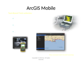Now included with ArcGIS Desktop
ArcGIS Mobile
Task-Based Field collection
• Sync data with ArcGIS Server
or Desktop
• Geo-collaborate with co-
workers
• Easier deployment
Copyright © 2010 Esri. All rights
reserved.
 