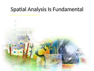 Spatial Analysis Is Fundamental
Copyright © 2010 Esri. All rights
reserved.
Enables a Scientific Approach
• Turns information into knowledge
• Empowers better decision making
• Differentiates GIS professionals
• Captures organizational knowledge
 