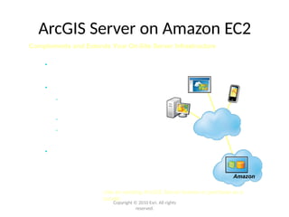 Web Clients
Mobile
Desktop
Use an existing ArcGIS Server license or purchase as a
bundle
Copyright © 2010 Esri. All rights
reserved.
ArcGIS Server on Amazon EC2
Complements and Extends Your On-Site Server Infrastructure
• Reduces complexity of
deployment
• Ideal for
- Compute-intensive
situations
- Public Web sites
- Development and staging
environments
• Packaged with Amazon
EC2
Amazon
 