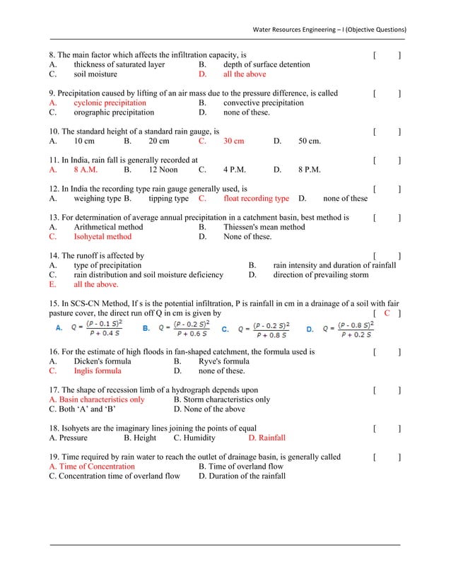 Water Resources Engineering Question Bank (objective)
