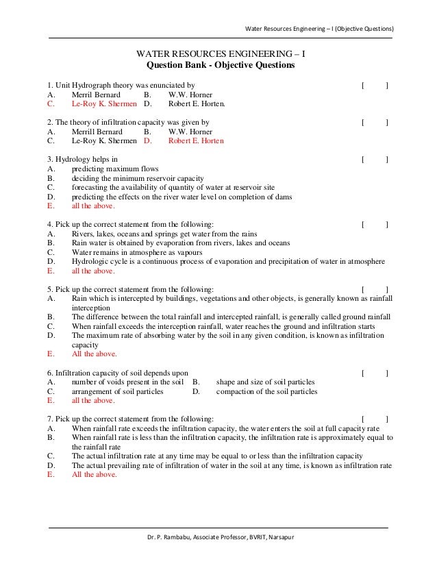 Water Resources Engineering Question Bank (objective)