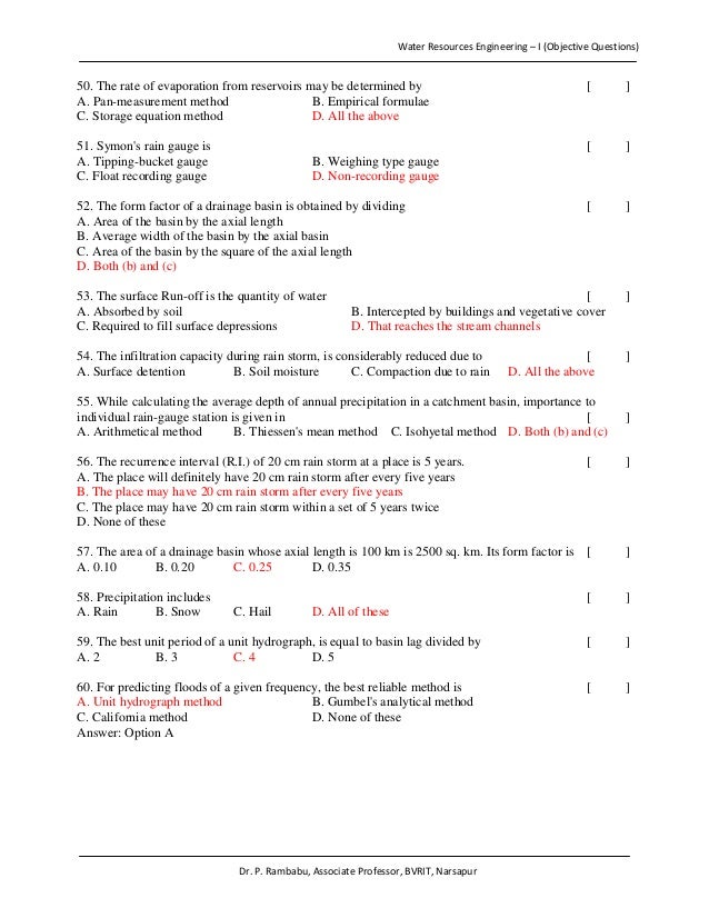 Water Resources Engineering Question Bank (objective)