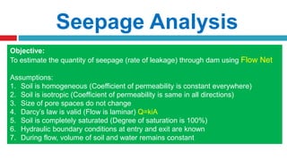 Seepage Analysis
Objective:
To estimate the quantity of seepage (rate of leakage) through dam using Flow Net
Assumptions:
1. Soil is homogeneous (Coefficient of permeability is constant everywhere)
2. Soil is isotropic (Coefficient of permeability is same in all directions)
3. Size of pore spaces do not change
4. Darcy’s law is valid (Flow is laminar) Q=kiA
5. Soil is completely saturated (Degree of saturation is 100%)
6. Hydraulic boundary conditions at entry and exit are known
7. During flow, volume of soil and water remains constant
 