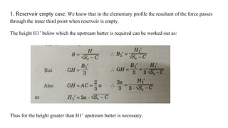 1. Reservoir empty case: We know that in the elementary profile the resultant of the force passes
through the inner third point when reservoir is empty.
The height H1’ below which the upstream batter is required can be worked out as:
Thus for the height greater than H1’ upstream batter is necessary.
 