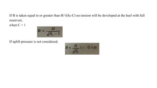 If B is taken equal to or greater than H/√(Sc-C) no tension will be developed at the heel with full
reservoir,
when C = 1
If uplift pressure is not considered,
 