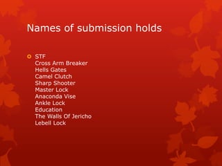 Names of submission holds

 STF
  Cross Arm Breaker
  Hells Gates
  Camel Clutch
  Sharp Shooter
  Master Lock
  Anaconda Vise
  Ankle Lock
  Education
  The Walls Of Jericho
  Lebell Lock
 