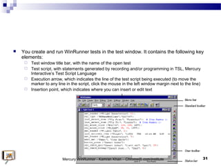  You create and run WinRunner tests in the test window. It contains the following key
elements:
 Test window title bar, ...