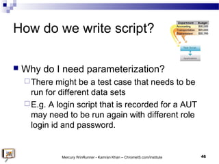 How do we write script?
 Why do I need parameterization?
There might be a test case that needs to be
run for different d...