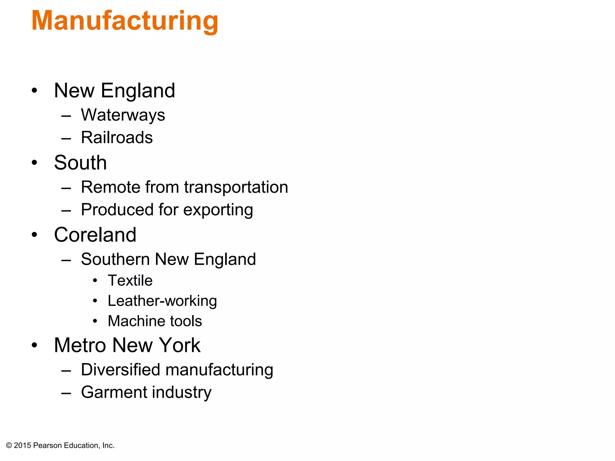 Manufacturing 
• New England 
– Waterways 
– Railroads 
• South 
– Remote from transportation 
– Produced for exporting 
• Coreland 
– Southern New England 
• Textile 
• Leather-working 
• Machine tools 
• Metro New York 
– Diversified manufacturing 
– Garment industry 
© 2015 Pearson Education, Inc. 
 