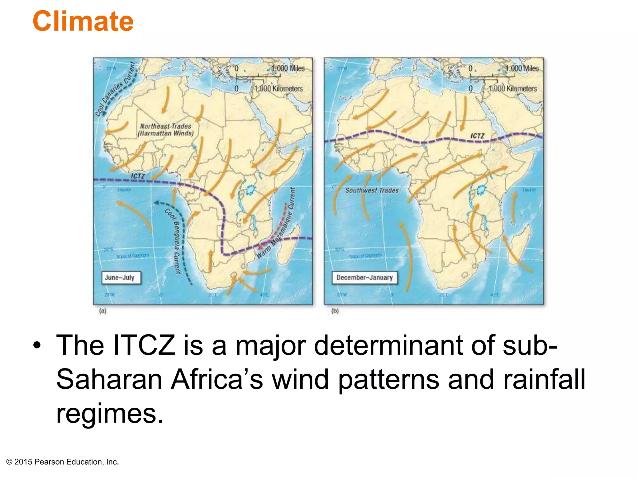 Climate 
• The ITCZ is a major determinant of sub- 
Saharan Africa’s wind patterns and rainfall 
regimes. 
© 2015 Pearson Education, Inc. 
 
