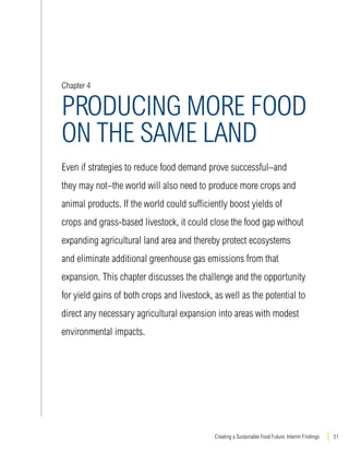 Chapter 4 
PRODUCING MORE FOOD 
ON THE SAME LAND 
Even if strategies to reduce food demand prove successful–and 
they may not–the world will also need to produce more crops and 
animal products. If the world could sufficiently boost yields of 
crops and grass-based livestock, it could close the food gap without 
expanding agricultural land area and thereby protect ecosystems 
and eliminate additional greenhouse gas emissions from that 
expansion. This chapter discusses the challenge and the opportunity 
for yield gains of both crops and livestock, as well as the potential to 
direct any necessary agricultural expansion into areas with modest 
environmental impacts. 
Creating a Sustainable Food Future: Interim Findings 51 
 