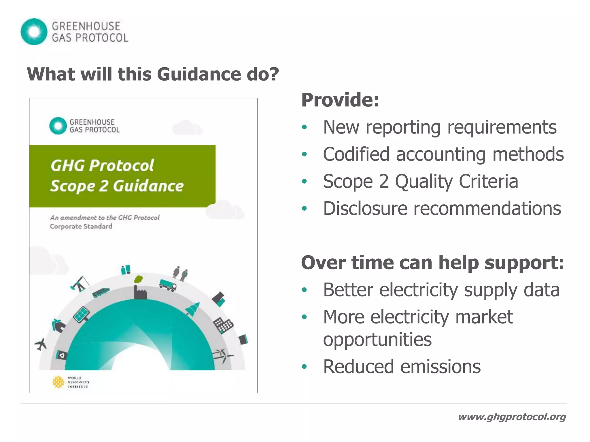 www.ghgprotocol.org
Provide:
• New reporting requirements
• Codified accounting methods
• Scope 2 Quality Criteria
• Disclosure recommendations
Over time can help support:
• Better electricity supply data
• More electricity market
opportunities
• Reduced emissions
What will this Guidance do?
 