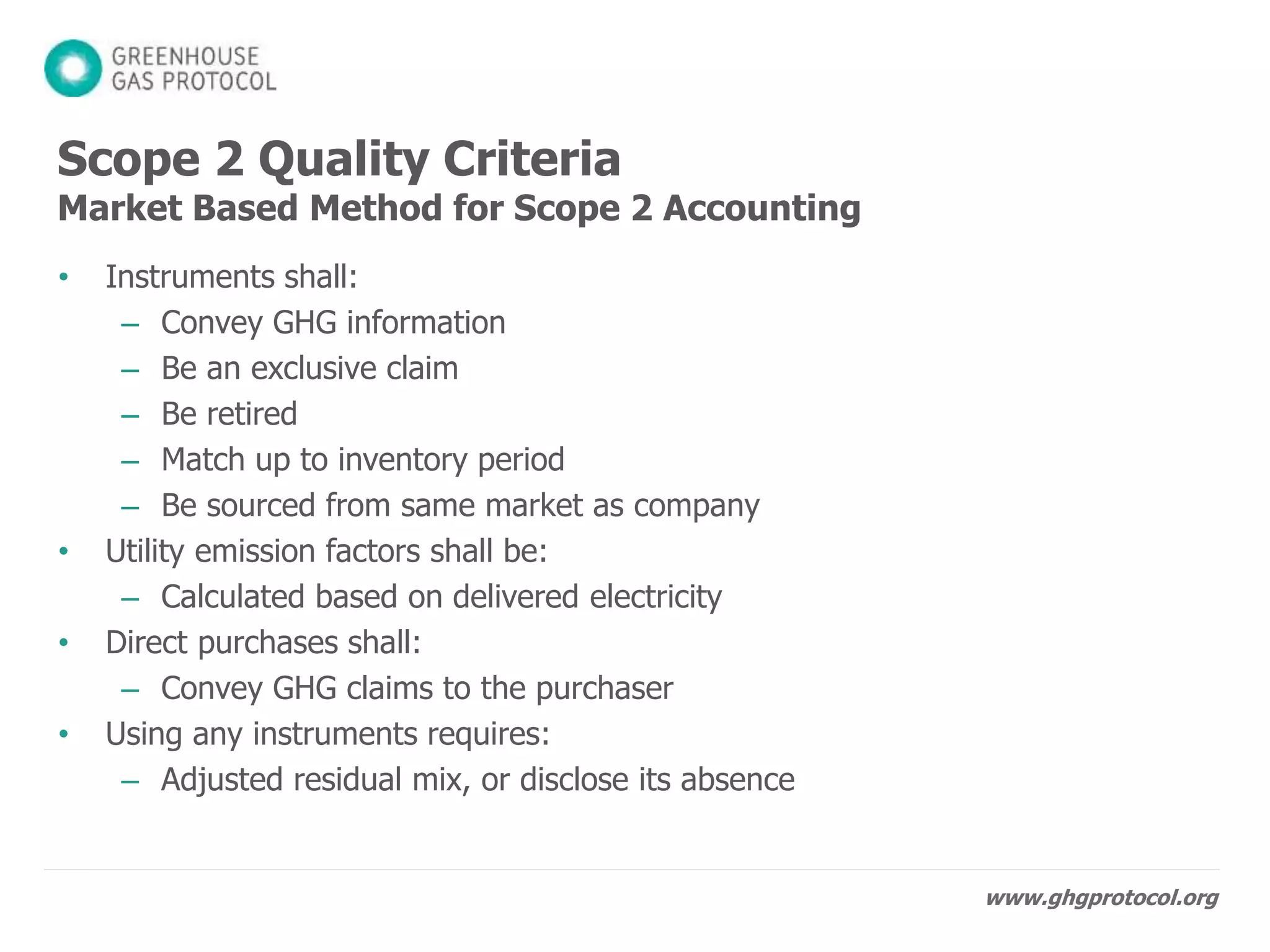 www.ghgprotocol.org
Country
Location-
Based Total
(mtCO2e)
Market-
Based Total
(mtCO2e)
Instrument Types
USA 650 0
RECs to cover 100% of
consumption
Norway 100 500 Residual mix
China 800 800 N/A
India 850 400
Collaborative solar PPA to cover
50% consumption
Mexico 400 0 PPA to cover 100% of consumption
TOTAL
2,800
mtCO2e
1,750
mtCO2e
 
