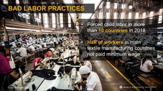 BAD LABOR PRACTICES
Image: ILO/Asrian Mirza
• Forced child labor in more
than 10 countries in 2018
• Half of workers in main
textile manufacturing countries
not paid minimum wage
 
