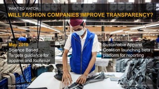 WILL FASHION COMPANIES IMPROVE TRANSPARENCY?
Image: ILO/Aaron Santos
WHAT TO WATCH:
Sustainable Apparel
Coalition launching beta
platform for reporting
May 2019
Science Based
Targets guidance for
apparel and footwear
 