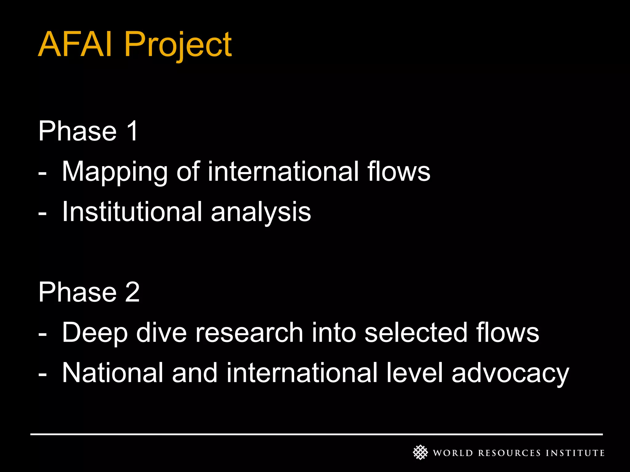 AFAI Project
Phase 1
- Mapping of international flows
- Institutional analysis
Phase 2
- Deep dive research into selected flows
- National and international level advocacy

 