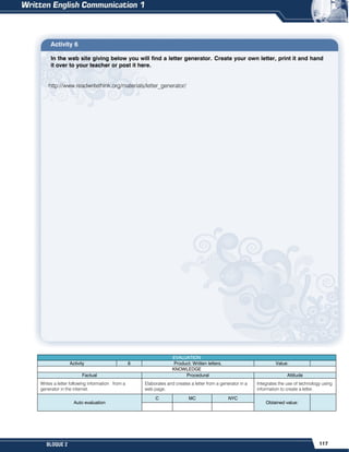 117
BLOQUE 2
Activity 6
In the web site giving below you will find a letter generator. Create your own letter, print it and hand
it over to your teacher or post it here.
http://www.readwritethink.org/materials/letter_generator/
EVALUATION
Activity 6 Product: Written letters. Value:
KNOWLEDGE
Factual Procedural Attitude
Writes a letter following information from a
generator in the internet.
Elaborates and creates a letter from a generator in a
web page.
Integrates the use of technology using
information to create a letter.
Auto evaluation
C MC NYC
Obtained value:
 