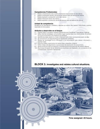 Time assigned: 20 hours.
Competencias Profesionales:
 Realiza comprensiones oral y auditiva de diversos tipos de texto en otro idioma.
 Realiza comprensión escrita y de lectura de diversos tipos de texto en otro idioma.
 Realiza expresión o producción oral en otro idioma.
 Realiza interacción oral en otro idioma.
 Realiza expresión o producción escrita de diversos tipos de texto en otro idioma.
Unidad de competencia:
Socializa en la vida laboral y cotidiana y describe por escrito días festivos, costumbres y eventos
especiales de otros países.
Atributos a desarrollar en el bloque:
4.1 Expresa ideas y conceptos mediante representaciones lingüísticas, matemáticas o gráficas.
4.2 Aplica distintas estrategias comunicativas según quienes sean sus interlocutores, el contexto
en el que se encuentra y los objetivos que persigue.
4.3 Identifica las ideas claves en un texto o discurso oral e infiere conclusiones a partir de ellas.
4.4 Se comunica en una segunda lengua en situaciones cotidianas.
4.5 Maneja las tecnologías de la información y la comunicación para obtener información y
expresar ideas.
6.4 Estructura ideas y argumentos de manera clara, coherente y sintética.
7.1 Define metas y da seguimiento a sus procesos de construcción de conocimiento.
8.2 Aporta puntos de vista con apertura y considera los de otras personas de manera reflexiva.
10.3 Asume que el respeto de las diferencias es el principio de integración y de convivencia en los
contextos local, nacional e internacional.
BLOCK 3. Investigates and relates cultural situations.
 