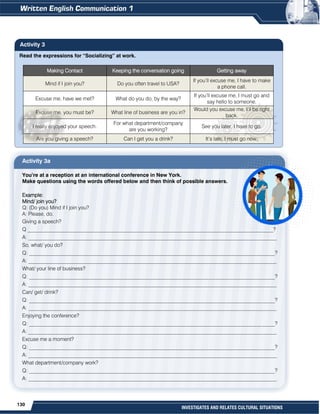 130
INVESTIGATES AND RELATES CULTURAL SITUATIONS
Read the expressions for “Socializing” at work.
Making Contact Keeping the conversation going Getting away
Mind if I join you? Do you often travel to USA?
If you’ll excuse me, I have to make
a phone call.
Excuse me, have we met? What do you do, by the way?
If you’ll excuse me, I must go and
say hello to someone.
Excuse me, you must be? What line of business are you in?
Would you excuse me, I’ll be right
back.
I really enjoyed your speech.
For what department/company
are you working?
See you later, I have to go.
Are you giving a speech? Can I get you a drink? It’s late, I must go now.
Activity 3a
You’re at a reception at an international conference in New York.
Make questions using the words offered below and then think of possible answers.
Example:
Mind/ join you?
Q: (Do you) Mind if I join you?
A: Please, do.
Giving a speech?
Q ______________________________________________________________________________________________?
A: _______________________________________________________________________________________________
So, what/ you do?
Q: ______________________________________________________________________________________________?
A: _______________________________________________________________________________________________
What/ your line of business?
Q: ______________________________________________________________________________________________?
A: _______________________________________________________________________________________________
Can/ get/ drink?
Q: ______________________________________________________________________________________________?
A: _______________________________________________________________________________________________
Enjoying the conference?
Q: ______________________________________________________________________________________________?
A: _______________________________________________________________________________________________
Excuse me a moment?
Q: ______________________________________________________________________________________________?
A: _______________________________________________________________________________________________
What department/company work?
Q: ______________________________________________________________________________________________?
A: _______________________________________________________________________________________________
Activity 3
 