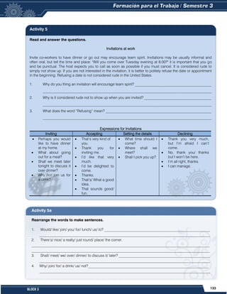 133
BLOCK 3
Read and answer the questions.
Invitations at work
Invite co-workers to have dinner or go out may encourage team spirit. Invitations may be usually informal and
often oral, but tell the time and place: "Will you come over Tuesday evening at 8:00?" it is important that you go
and be punctual. The host expects you to call as soon as possible if you must cancel. It is considered rude to
simply not show up. If you are not interested in the invitation, it is better to politely refuse the date or appointment
in the beginning. Refusing a date is not considered rude in the United States.
1. Why do you thing an invitation will encourage team spirit? _________________________________________
___________________________________________________________________________________________
2. Why is it considered rude not to show up when you are invited? ____________________________________
___________________________________________________________________________________________
3. What does the word “Refusing” mean? _________________________________________________________
___________________________________________________________________________________________
Expressions for Invitations
Inviting Accepting Setting the details Declining
 Perhaps you would
like to have dinner
at my home.
 What about going
out for a meal?
 Shall we meet later
tonight to discuss it
over dinner?
 Why not join us for
a drink?
 That’s very kind of
you.
 Thank you for
inviting me.
 I’d like that very
much.
 I’d be delighted to
come.
 Thanks.
 That’s/ What a good
idea.
 That sounds good/
fun.
 What time should I
come?
 Where shall we
meet?
 Shall I pick you up?
 Thank you very much,
but I’m afraid I can’t
come.
 No, thank you/ thanks
but I won’t be here.
 I’m all right, thanks.
 I can manage.
Activity 5a
Rearrange the words to make sentences.
1. Would/ like/ join/ you/ for/ lunch/ us/ to? _________________________________________________________
____________________________________________________________________________________________
2. There’s/ nice/ a really/ just round/ place/ the corner.
________________________________________________________________________________________________
________________________________________________________________________________________________
3. Shall/ meet/ we/ over/ dinner/ to discuss it/ later? _________________________________________________
____________________________________________________________________________________________
4. Why/ join/ for/ a drink/ us/ not?_________________________________________________________________
____________________________________________________________________________________________
Activity 5
 
