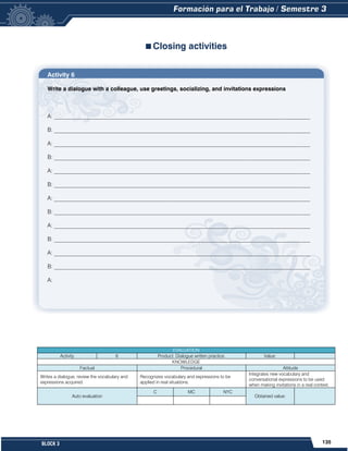 135
BLOCK 3
Activity 6
Write a dialogue with a colleague, use greetings, socializing, and invitations expressions
A: __________________________________________________________________________________________
B: __________________________________________________________________________________________
A: __________________________________________________________________________________________
B: __________________________________________________________________________________________
A: __________________________________________________________________________________________
B: __________________________________________________________________________________________
A: __________________________________________________________________________________________
B: __________________________________________________________________________________________
A: __________________________________________________________________________________________
B: __________________________________________________________________________________________
A: __________________________________________________________________________________________
B: __________________________________________________________________________________________
A: __________________________________________________________________________________________
Closing activities
EVALUATION
Activity 6 Product: Dialogue written practice. Value:
KNOWLEDGE
Factual Procedural Attitude
Writes a dialogue, review the vocabulary and
expressions acquired.
Recognizes vocabulary and expressions to be
applied in real situations.
Integrates new vocabulary and
conversational expressions to be used
when making invitations in a real context.
Auto evaluation
C MC NYC
Obtained value:
 