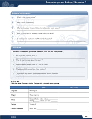 141
BLOCK 3
Activity 4 (continuation)
1. Why is Indian culture unique?
___________________________________________________________________________________________
2. What’s India rich tradition?
___________________________________________________________________________________________
3. What family values should children from all over the world acquire?
___________________________________________________________________________________________
4. What Indian practices are very popular around the world?
___________________________________________________________________________________________
5. In what aspects are Indian and Mexican Culture alike?
___________________________________________________________________________________________
Activity 4a
Pair work. Answer the questions, then take turns and ask your partner.
1. Would you like to live in “India”?
____________________________________________________________________________________________
2. What do you like most about this country?
____________________________________________________________________________________________
3. Which of these customs does your culture follow?
____________________________________________________________________________________________
4. Why do you think people have these customs?
____________________________________________________________________________________________
5. Do you know any famous Indian person known around the world?
____________________________________________________________________________________________
Activity 4b
Fill in the table. Compare Indian Culture with culture in your country.
India Your Country
Language Multilingual
Religion Many religions
Values
Respect for the elder, nature ____________,
Strong _______ values, love and _________
Practice Yoga and ____________________________.
Classical traditions Music and ___________________________
 