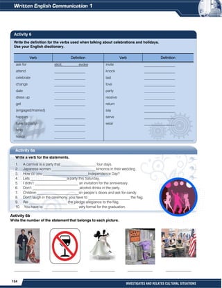 154
INVESTIGATES AND RELATES CULTURAL SITUATIONS
Write the definition for the verbs used when talking about celebrations and holidays.
Use your English disctionary.
Verb Definition Verb Definition
ask for elicit, evoke
attend _________________
celebrate _________________
change _________________
date _________________
dress up _________________
get _________________
(engaged/married)
happen _________________
have (a party) _________________
hold _________________
honor _________________
invite _________________
knock _________________
last _________________
love _________________
party _________________
receive _________________
return _________________
say _________________
serve _________________
wear _________________
Activity 6a
Write a verb for the statements.
1. A carnival is a party that ___________________ four days.
2. Japanese women ________________________ kimonos in their wedding.
3. How do you _________________________Independence Day?
4. Lets ____________________a party this Saturday.
5. I didn’t ________________________ an invitation for the anniversary.
6. Don’t __________________________alcohol drinks in the party.
7. Children _______________________on people’s doors and ask for candy.
8. Don’t laugh in the ceremony; you have to _______________________ the flag.
9. We _____________________ the pledge allegiance to the flag.
10. You have to ___________________ very formal for the graduation.
Activity 6b
Write the number of the statement that belongs to each picture.
______________ ______________ ______________ ______________ ______________
Activity 6
 